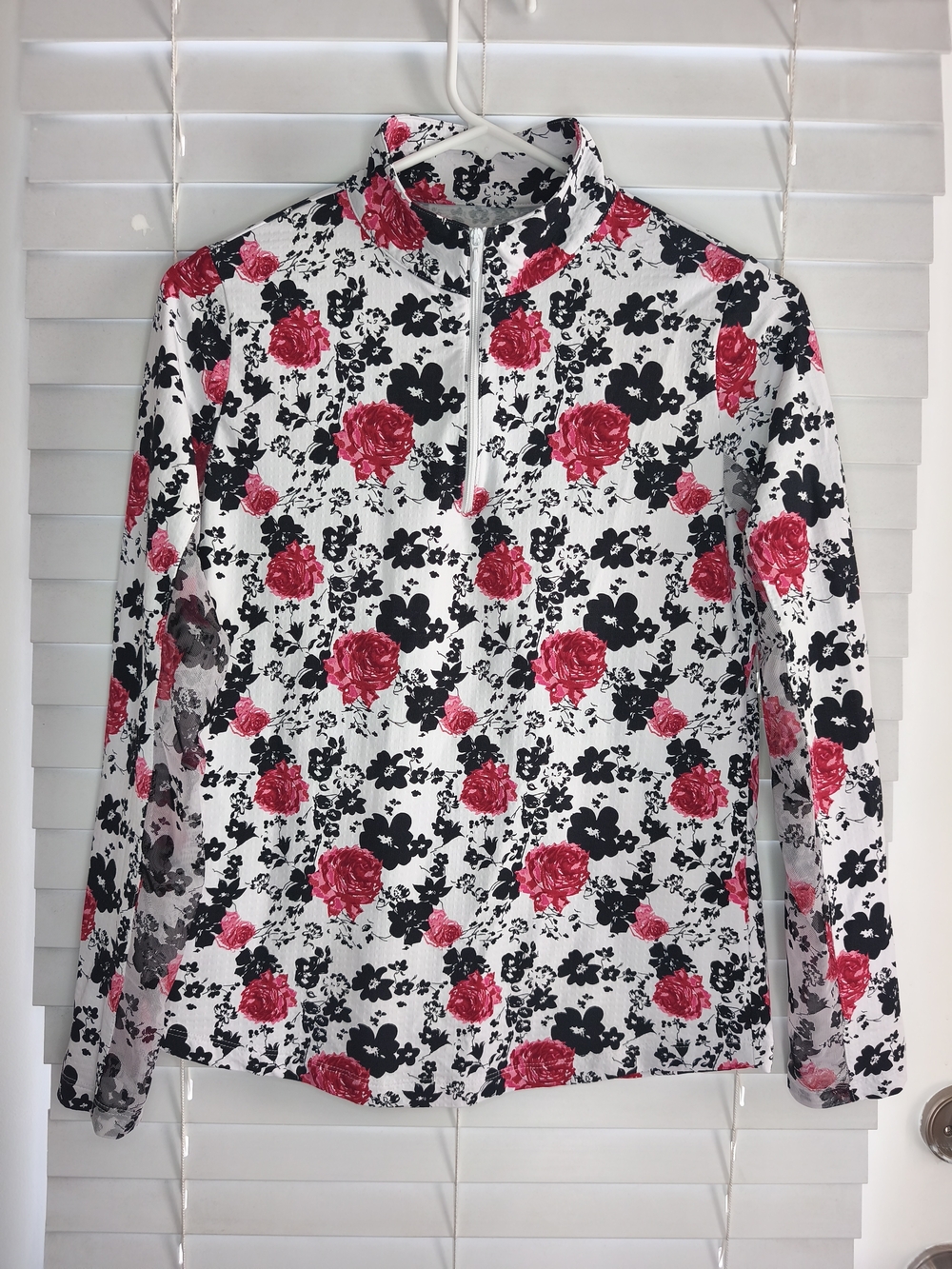 IBKUL Sun Shirt UPF 50+ 1/4 Zip Long Sleeve Red Black Floral Rose Size S